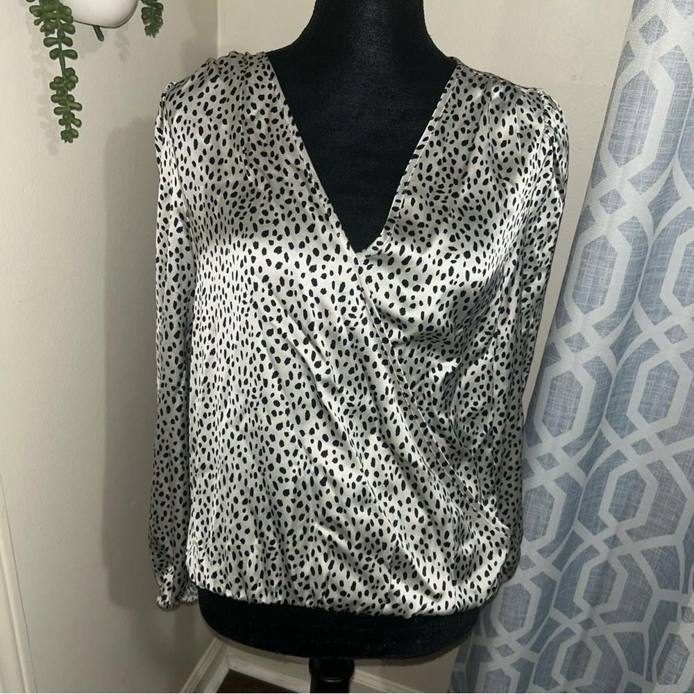 Sincerely Jules Gray Black Spotted Leopard Satin Blouse